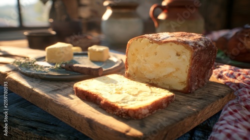 Freshly Baked Cheese Bread on Rustic Wooden Board Surrounded by Delicacies in Warm Natural Light Inviting for Culinary Enthusiasts and Food Lovers