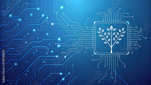Green technology tree icon inside microchip processor circuit
