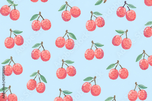 Cute lychee fruit pattern with green leaves on light blue background