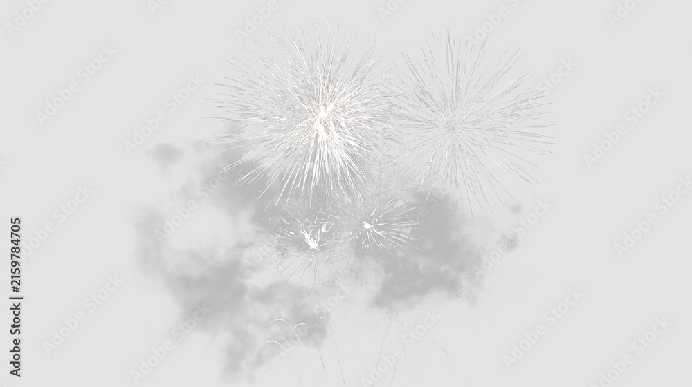 Fototapeta premium White sparkling fireworks display with radiant bursts and subtle smoky clouds