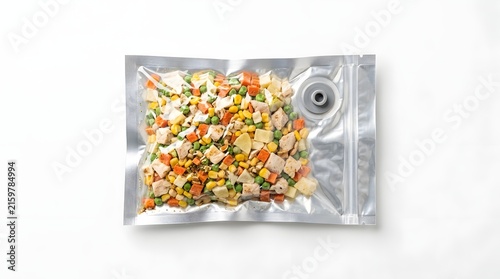 Chopped vegetables in vacuum storage bag on white background