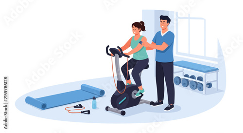 Physical therapist supervising woman exercising on stationary bike in rehabilitation gym