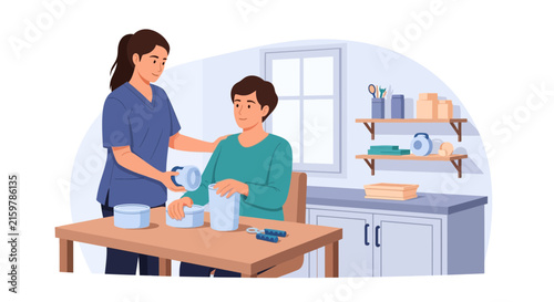 Occupational therapist assists patient with hand therapy exercises using containers and grip tools
