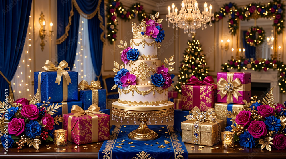 Obraz premium Opulent Blue Gold Birthday Cake with Colorful Flowers and Gift Boxes