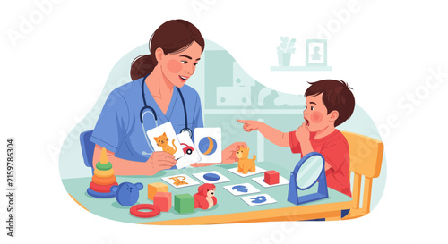 Speech therapist guides a child through learning activities with flashcards and toys during a therapy session