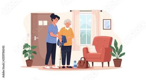 Compassionate caregiver assisting an elderly woman with a cane indoors