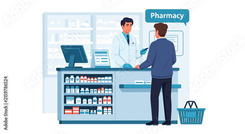 Pharmacist assisting a customer at the pharmacy counter, dispensing advice and medication