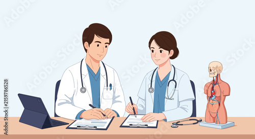 Two healthcare professionals, a doctor and a nurse, reviewing medical charts at a desk