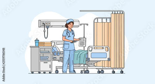 A nurse organizing medical charts and equipment in a hospital room with a patient bed