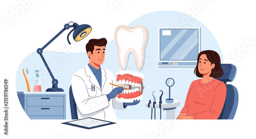 Dentist Explaining Oral Hygiene to Patient Using Dental Model and Tooth Illustration
