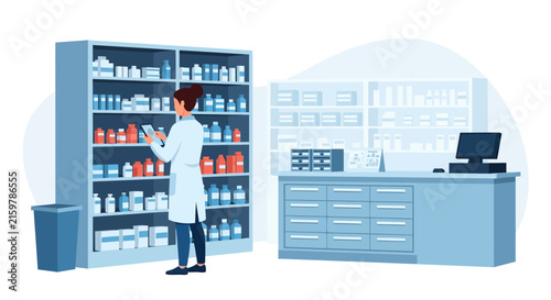 Pharmacist Organizes Medicine Shelves in Modern Pharmacy