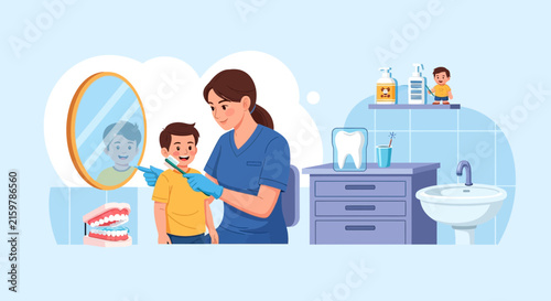 Dental hygienist teaches a young boy proper tooth brushing techniques in a bright, clean dental clinic setting.