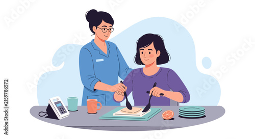 Occupational therapist guiding a patient in food preparation for skill development