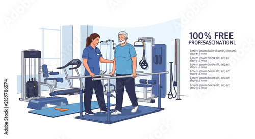 Physical therapist assisting an elderly man during rehabilitation exercises in a clinic