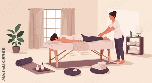Skilled massage therapist providing a relaxing leg treatment to a client on a massage table in a serene wellness room