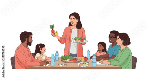 Nutritionist teaching children and adults about healthy food choices with fresh vegetables and fruits