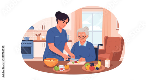 Caring caregiver assisting an elderly woman with food preparation in a home kitchen
