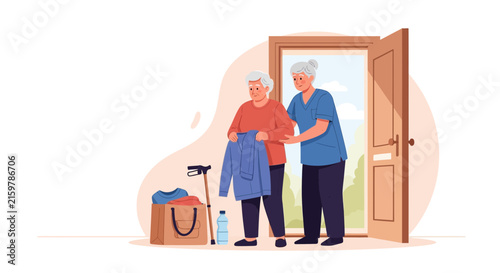 Caregiver assisting elderly woman with clothing and cane near doorway, symbolizing home support and care
