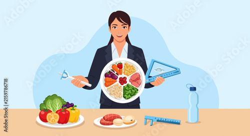 Nutritionist presenting a balanced food plate and measurement tools for healthy eating guidance