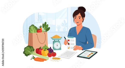Dietitian advising on healthy eating with fresh produce and digital tools