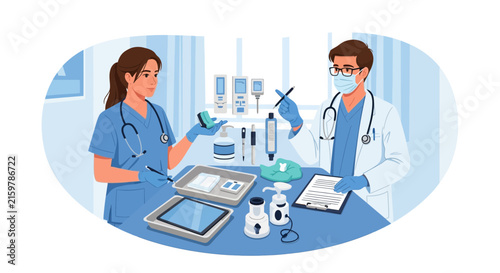Doctor and Nurse Collaborating with Medical Technology and Equipment in a Modern Clinic Setting