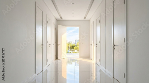 Modern Hallway with Open Door Leading to Bright Outdoors, New Opportunities