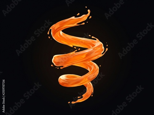 Dynamic orange liquid spiral splash with airborne droplets floating against a solid black background