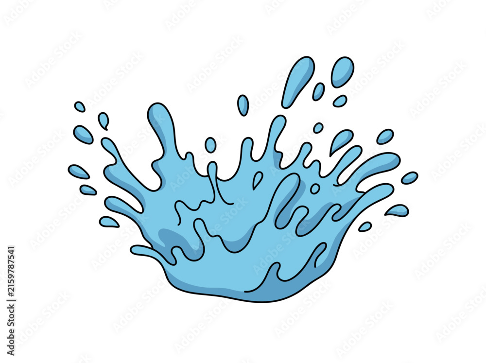 Fototapeta premium Flat vector doodle water splash spot, black outlines, isolated on white background, liquid drop graphic element