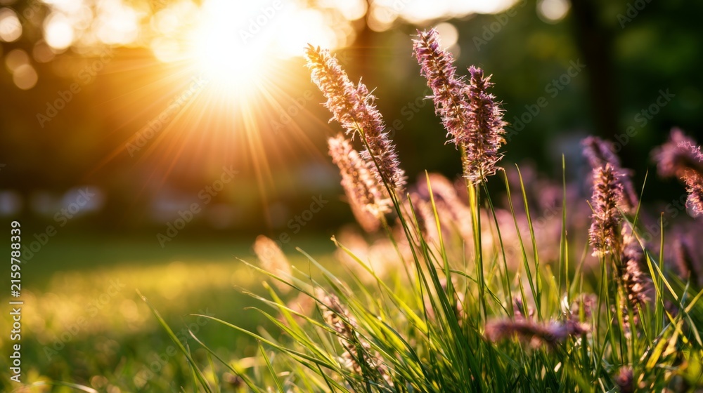 Obraz premium Sunlit Meadow with Blooming Flowers and Warm Rays of Light During Early Morning or Late Afternoon in a Peaceful Natural Setting