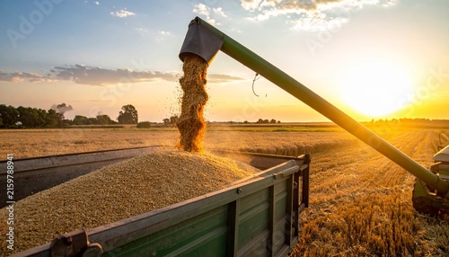 Combine harvester working on a vast wheat field during harvest season, modern agricultural machinery harvesting grain in a rural landscape under a blue sky