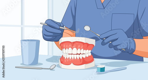 Dentist Demonstrating Proper Teeth Cleaning With Dental Tools And Model For Adult Education