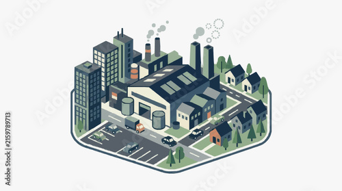 Clean Isometric of Industrial City with Factories Buildings Vehicles and Pollution Effects with high quality professional line art symbols for modern creative design and digital branding projects