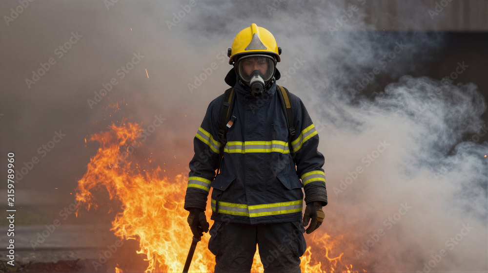 Fototapeta premium Firefighter in yellow helmet and respirator advancing with hose through thick smoke beside bright flames during dangerous emergency response scene