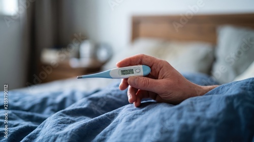 Close-up of a hand holding a digital thermometer showing a high fever temperature in a blurred bedroom.