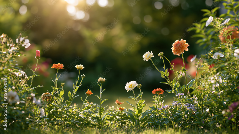 Fototapeta premium Late summer garden banner flower blurred edge sunlight bloom meadow greenery floral nature warm background with colorful blossom and soft bokeh around border