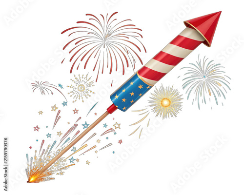 Patriotic rocket with firework explosions and colorful effects  USA themed  fireworks display transparent background