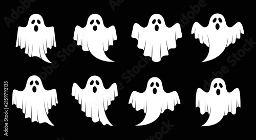 Canvastavla Spooky Halloween ghost collection, 8 white flying phantom icons, cartoon spirit