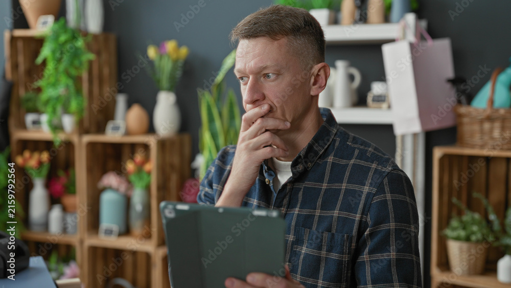 Obraz premium Young man florist holding tablet, hand to chin, examining bouquets on wooden crates in a florist studio; focused planning.