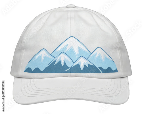 White baseball cap with blue and white mountain range design 