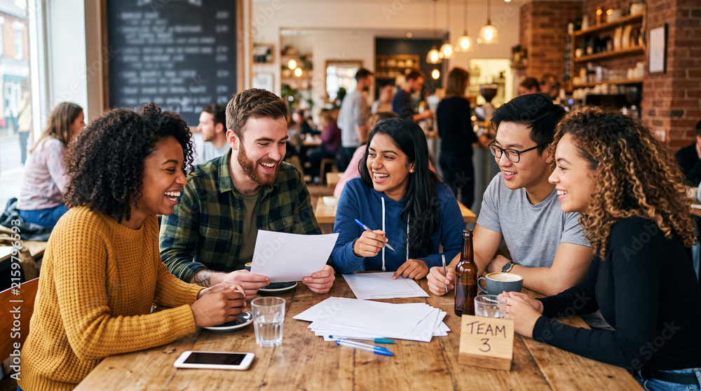 Obraz premium Multicultural Young Adults Sharing Papers At A Cafe Table In A Friendly Group Conversation