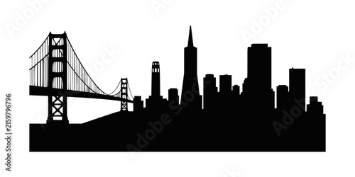 San francisco city skyline silhouette with golden gate bridge on white background