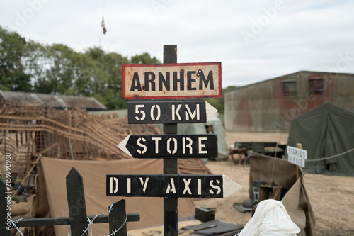 Fotografie Shallow focus of a WW2 era had hot sign for the famous town of Arnhem