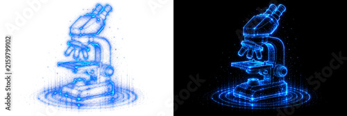 Bild auf Leinwand 透明背景のPNG、青い発光を放つホログラムの顕微鏡が左右に並ぶデジタルイラスト、ネオンの輪と粒子を伴う未来的な科学機器の立体表現、ワイヤーフレーム風の光線構成と精密な研究器具のビジュアル素材、サイバーで近未来的な装飾表現