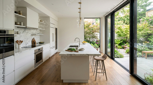 Modern Kitchen Island with Countertop and Bar Stools, Natural Light from Large Window