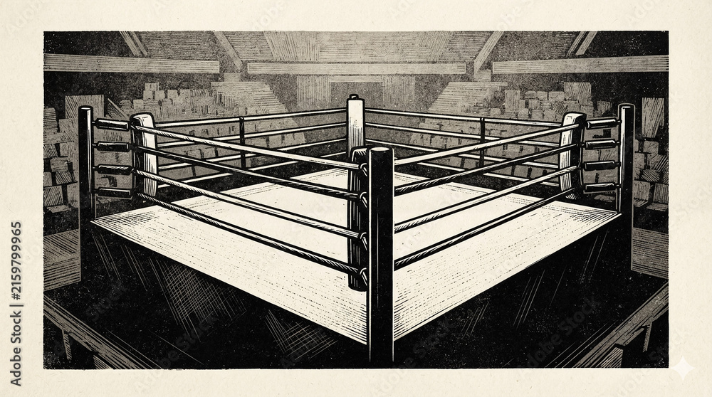 Obraz premium Boxing ring, black and white drawing, sports arena, competition and fighting, vintage style with frame
