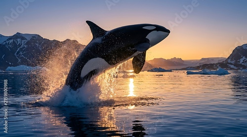 Orca whale breaching in Arctic ocean at sunset with dramatic water splashes and icebergs.