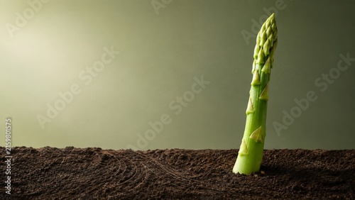 Fresh Green Asparagus Spear Emerging from Rich Dark Soil with Minimal Negative Space