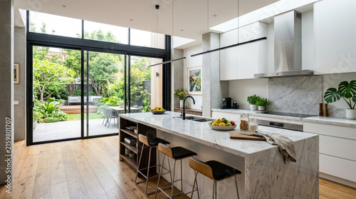 Modern Kitchen Island with Marble Countertop and Patio Doors Leading to Garden
