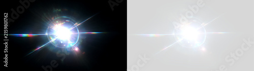 Bright lens flare light effect with anamorphic rainbow streak. Optical sun flare burst on transparent background. Glowing light glare overlay element