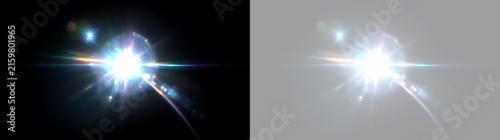 Dynamic optical lens flare with diagonal rainbow rays and bright glare. Light burst effect isolated on black and transparent background